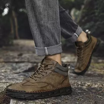 Autumn new 2025 popular large size hand-stitched outdoor leisure thick-soled wear-resistant men s Martin boots 38 чёрный