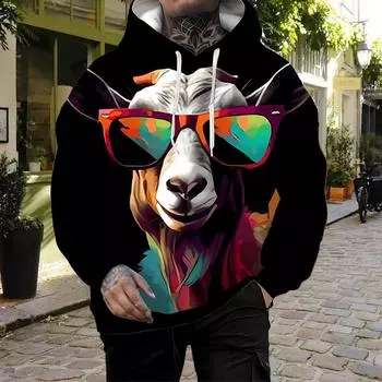 Осенняя новинка 3D The Sheep Wearing Sunglasses Printed Men s Thin Hoodie Casual, Comfortable 3D Digital Printing Hoodie Men XS чёрный