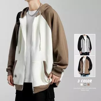 Autumn new American retro contrasting color hooded sweatshirt men s high street cardigan color matching versatile sweatshirt jacket trend M