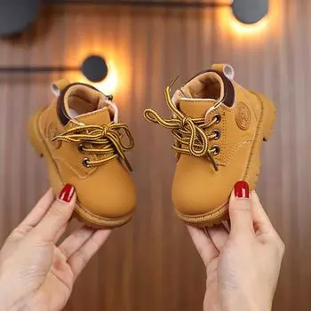 Осенняя новая детская обувь Детские ботинки Martin Желтые ботинки для девочек Кожаные короткие ботинки Прогулочные ботинки на мягкой подошве для мальчиков 17