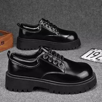 Autumn new black round head low-top dress work casual leather shoes thick sole heightening glossy British style men s leather shoes 37
