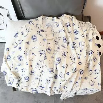 Autumn New Blue Cute Cat Two Piece Pajamas Set Korean Casual Cartoon Kawaii Sleepwear Women s Cotton V-neck Fashion Homewear M