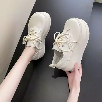 Осенние новые кожаные туфли Bread с круглым носком, женские весенние черные туфли в британском стиле с толстой подошвой и увеличенной шнуровкой 35 бежевый