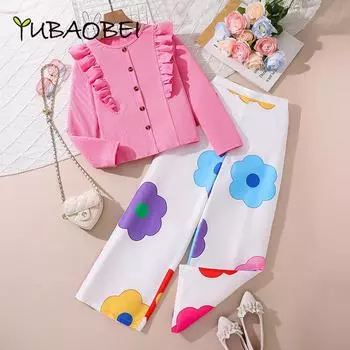 Осенняя новая детская одежда, брюки с принтом + топы с длинными рукавами для девочек, повседневные модные комплекты для подростков 8Y розовый