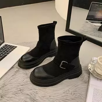 Autumn New Coarse Heel Single Boots Women s Round Head Splicing Suede Rhinobar Square Buckle Short Boots 35 чёрный