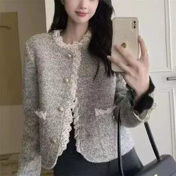 Autumn new coat splicing lace lace top celebrity fashion chic knitted cardigan women one size fits all