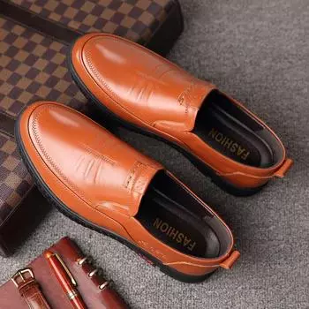 Autumn new cowhide foot leather shoes men s four seasons low-top driving men s casual no shoelaces dad shoes 38 чёрный