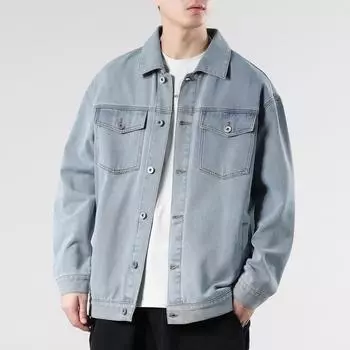Осень Новая джинсовая мужская весенне-осенняя свободная куртка Повседневная универсальная молодежная джинсовая верхняя мужская верхняя часть S светло-синий