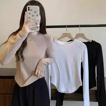 Autumn new design right shoulder fishbone waist T-shirt women s bottoming shirt irregular hem long-sleeved top S