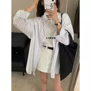 Autumn New Design Sense Niche Style Vertical Stripes Long Sleeves Shirt Fashion Ins K-style Loose Stacked Polo Collar Top White Stripes M