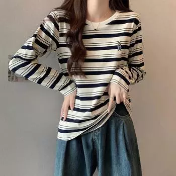 Autumn new design, unique embroidered bottoming shirt T-shirt for women, pure cotton casual versatile striped long-sleeved top S