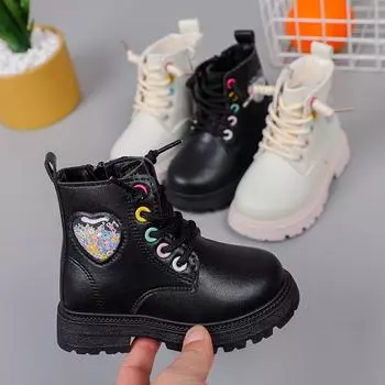 Autumn New Fashion Girl Boot Casual Versatile Comfort Girls Shoe Anti Slip Cute Rainbow Ankle Boot Sequins Simple Leather Boots 22insole14cm белый