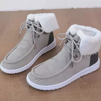 Autumn New Fashion Short Boots Women s Round Head Cloth and Fleece Lace-up Soft Sole Non-slip Warm Flat Boots 36 серый