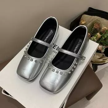 Autumn New Flat Shoes Women s Fashion Square Head Shallow Mouth Rhinestones Soft Soles Non-slip Low Top Shoes 35 чёрный