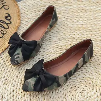 Autumn New Flat Single Shoes Women s Fashion Pointed Head Shallow Mouth Camouflage Cloth Butterfly Knot Low Top Shoes 35