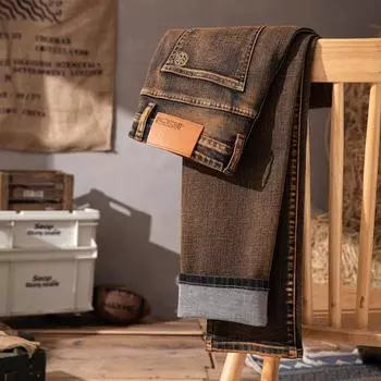 Autumn New High-End Quality Washed Antique Bronze Jeans Men S Trendy Brand Business Straight Leg Casual Long Pants 28