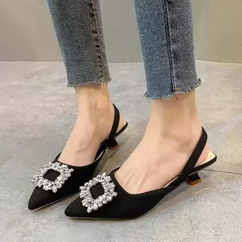 Autumn new high heels fashion high-end versatile rhinestone bag head empty sandals thin low heel spot high heel sandals 35
