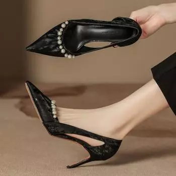 Autumn new ice silk hollow pearl high heels women s thin heel temperament advanced sense shallow mouth pointed single shoes women 34