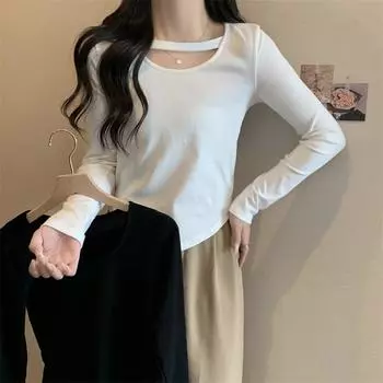 Autumn New Korean Version of Solid Color Student Top Slim Sexy Short Base Shirt Long Sleeve T-shirt Female Ins Tide M