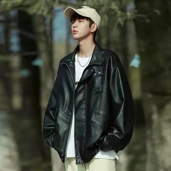 Осенняя новая кожаная куртка мужская в гонконгском стиле, свободная повседневная спортивная куртка однотонная с лацканами, мужская тенденция M