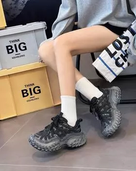 Autumn new leather retro polished dad shoes lace-up spider-man tire platform casual sports women s shoes 35 чёрный