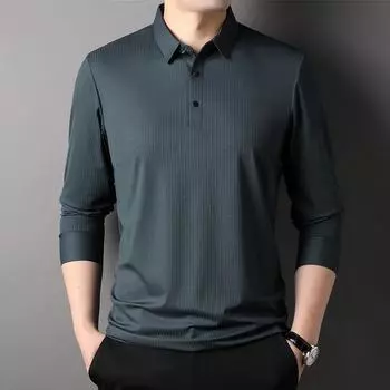 Autumn New Long-sleeved T-shirt Men s Middle-aged Casual Lapel Seamless Nylon Striped Polo Shirt M