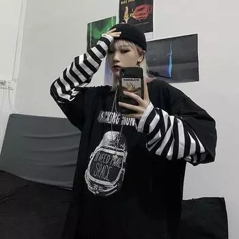 Осенняя новая свободная поддельная двухполосная футболка с длинным рукавом Chic Harbor Taste Student Top Женская одежда M