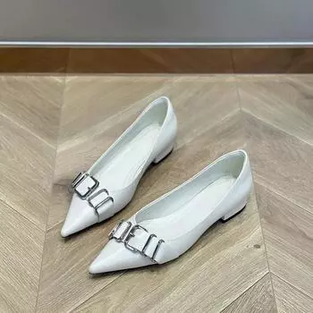 Autumn New Low Heel Shoes Fashion Pointed Head Shallow Mouth Metal Belt Buckle Soft Sole Non-slip Women s Low Top Shoes 35 грязно-белый