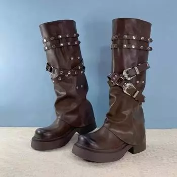 Autumn new Maillard trouser boots women s retro round head niche design long boots rivet knight boots 35