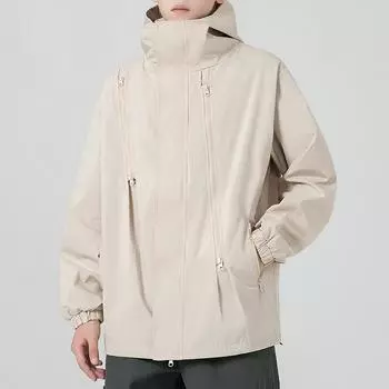 Autumn New Men s Fashion Jacket Zipper Design Outdoor Hooded Outwear Windproof Solid Color Male Loose Fit Jackets L бежевый