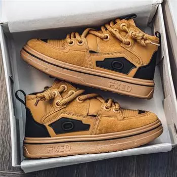 Autumn new men s high-top skateboard shoes trendy student platform casual sports shoes versatile leather surface live men s shoes 39