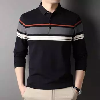 Autumn New Middle-Aged Men s Clothing Lapel Color Matching Fashion Polo Shirt Men s Striped Long Sleeve Cotton T-shirt M