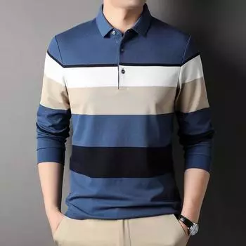 Autumn New Middle-aged Men s Lapel Color-blocked Casual Polo Shirt Men s Striped Long-sleeved Cotton T-shirt M