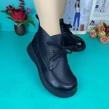 Autumn new mother shoes single shoes soft leather comfortable flat bottom deep mouth velvet lace up round head retro casual single shoes 35 темно-коричневого