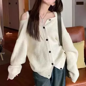 Осенний новый повседневный вязаный свитер с открытыми плечами, женская зимняя одежда, модный облегающий свободный кардиган для женщин, элегантные теплые женские кардиганы 24758 One Size серый