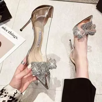 Autumn New Pointed Crystal Women Pumps Rhinestone Butterfly-knot Transparent Sexy High Heel Women Sandals Fashion Heels Woman 34 шампанского
