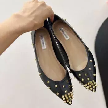 Autumn New Pointed Head Shallow Mouth Rivets Soft Sole Non-slip Low Top Shoes Women s Fashion Flat Shoes 35 телесный