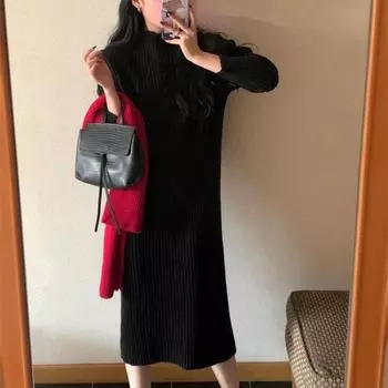 Autumn new product stand-up collar thickened pit strip knitted dress casual inside with thin temperament bottoming skirt One Size