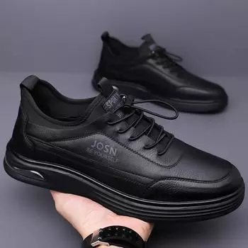 Autumn New Shoes for Men Genuine Leather Casual Shoes Designer Flat Skateboard Shoes Street Fashion Slip-on Sneaker 38 чёрный
