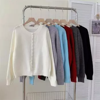 Autumn new solid color round neck single-breasted splicing long-sleeved knitted sweater women s fashion age-reducing top average size