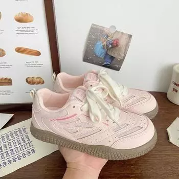 Autumn new sports shoes women s fashion round head net cloth breathable front lacing soft sole non-slip single shoes 35 розовый