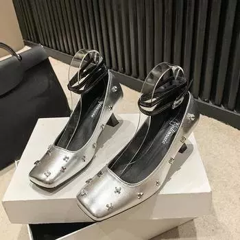 Autumn New Square Head Shallow Mouth Rivets A Slip-on Temperament High Heels Women s Fashion Slim Heel Shoes 35 чёрный