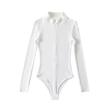 Autumn New Stand Collar Invisible Long-Sleeve Zipper One-Piece Women s T-shirt Pure Color Fashion Wind Elastic One-Piece Crotch Tops White S