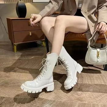 Autumn New Style Women s Boots Lace Up Mid Follow Round Head Fang Hei Rubber Wear-resistant Sole Platform Shoes Outdoor Leisure 35 хаки