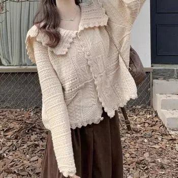 Autumn new sweater Korean version loose temperament versatile navy collar sweet hollow knitted cardigan jacket top women One size