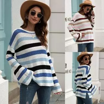 Autumn New Sweater Women s Pullover Flared Sleeve Stripe Colorblocking Knitwear S розовый