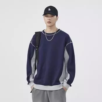 Autumn new sweatshirt men s long-sleeved sweatshirt round neck spring and autumn loose trendy brand bottoming splicing top trend S