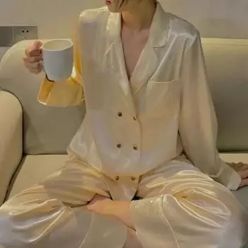 Осенний новый темперамент двубортный пижамный комплект из двух предметов из мягкого шелка Ice Silk, женский однотонный комплект из 2 предметов L бежевый