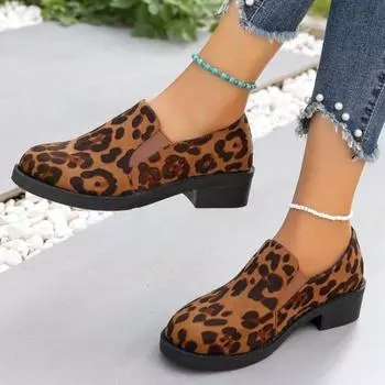Autumn New Thick Heel Shoes Women s Fashion Round Head Deep Mouth Leopard Print Slip-on Comfortable High Heels 36