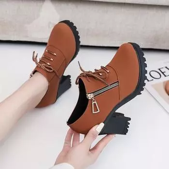 Autumn new thick heel shoes women s fashion round head deep suede front lacing side zipper comfortable low top shoes 35 чёрный
